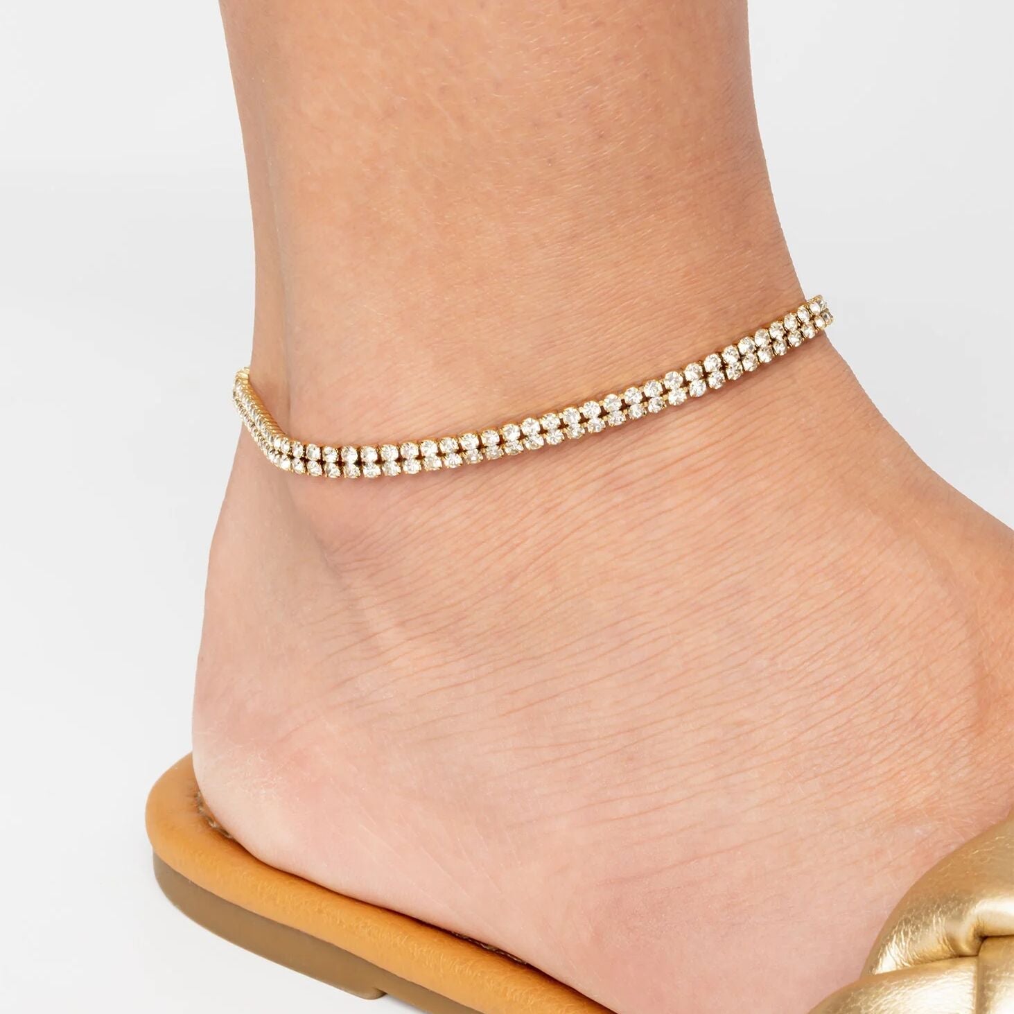 18K Gold PVD Stainless Steel Double Row Rhinestone Anklet