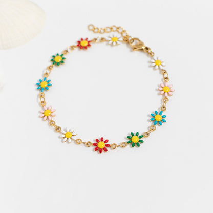 18K Gold PVD Multi Colored Floral Chain Bracelet
