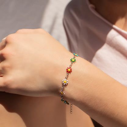 18K Gold PVD Multi Colored Floral Chain Bracelet