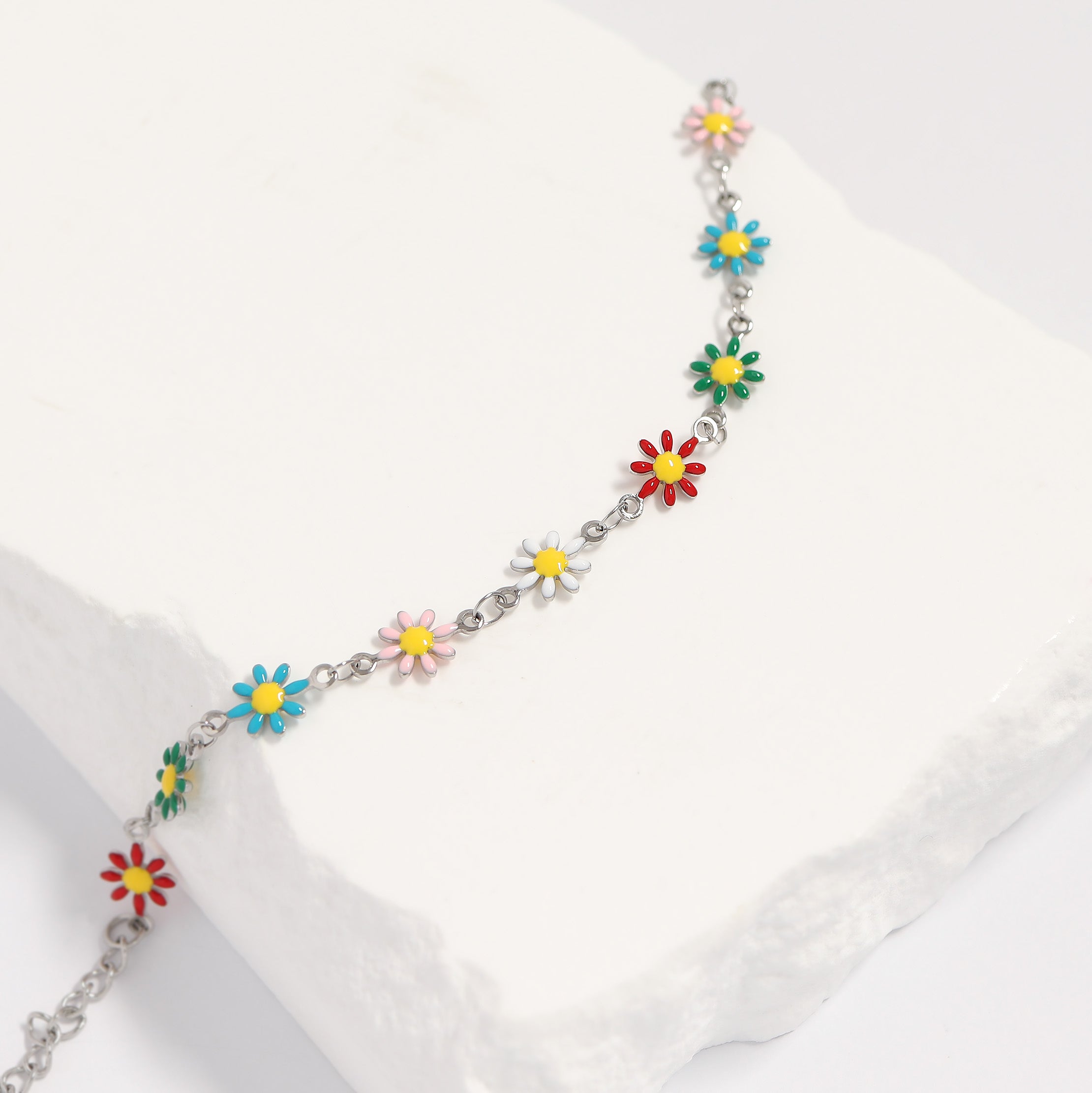 18K Gold PVD Multi Colored Floral Chain Bracelet