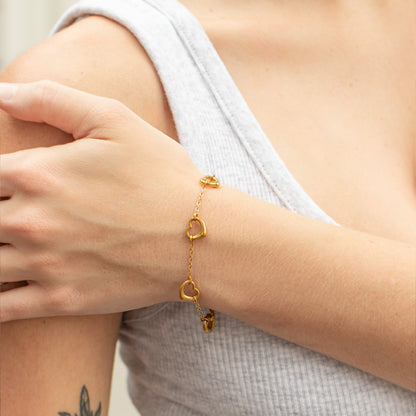 18K Gold PVD Stainless Steel Station Heart Bracelet
