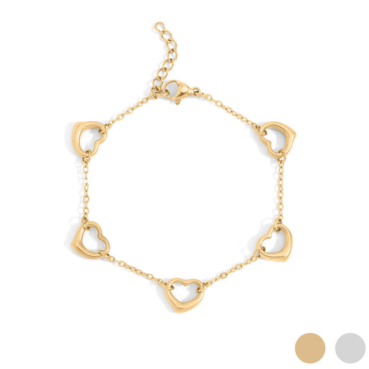18K Gold PVD Stainless Steel Station Heart Bracelet