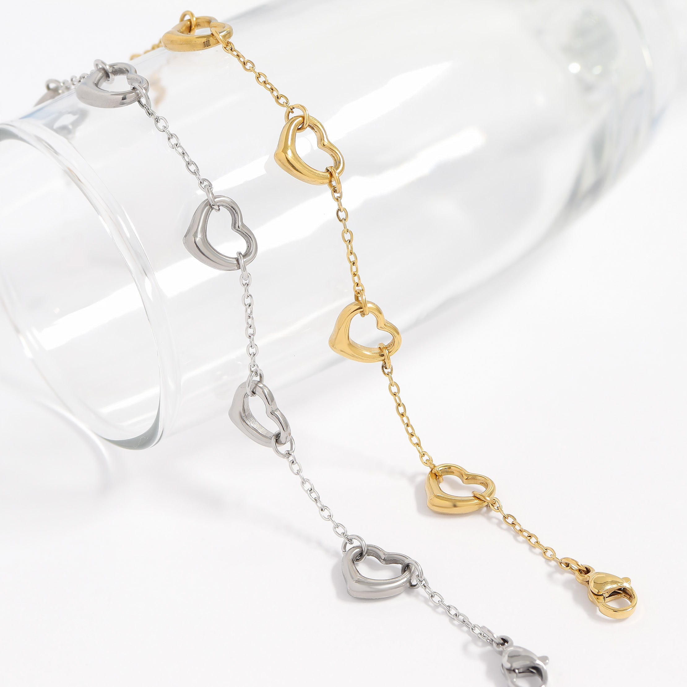 18K Gold PVD Stainless Steel Station Heart Bracelet