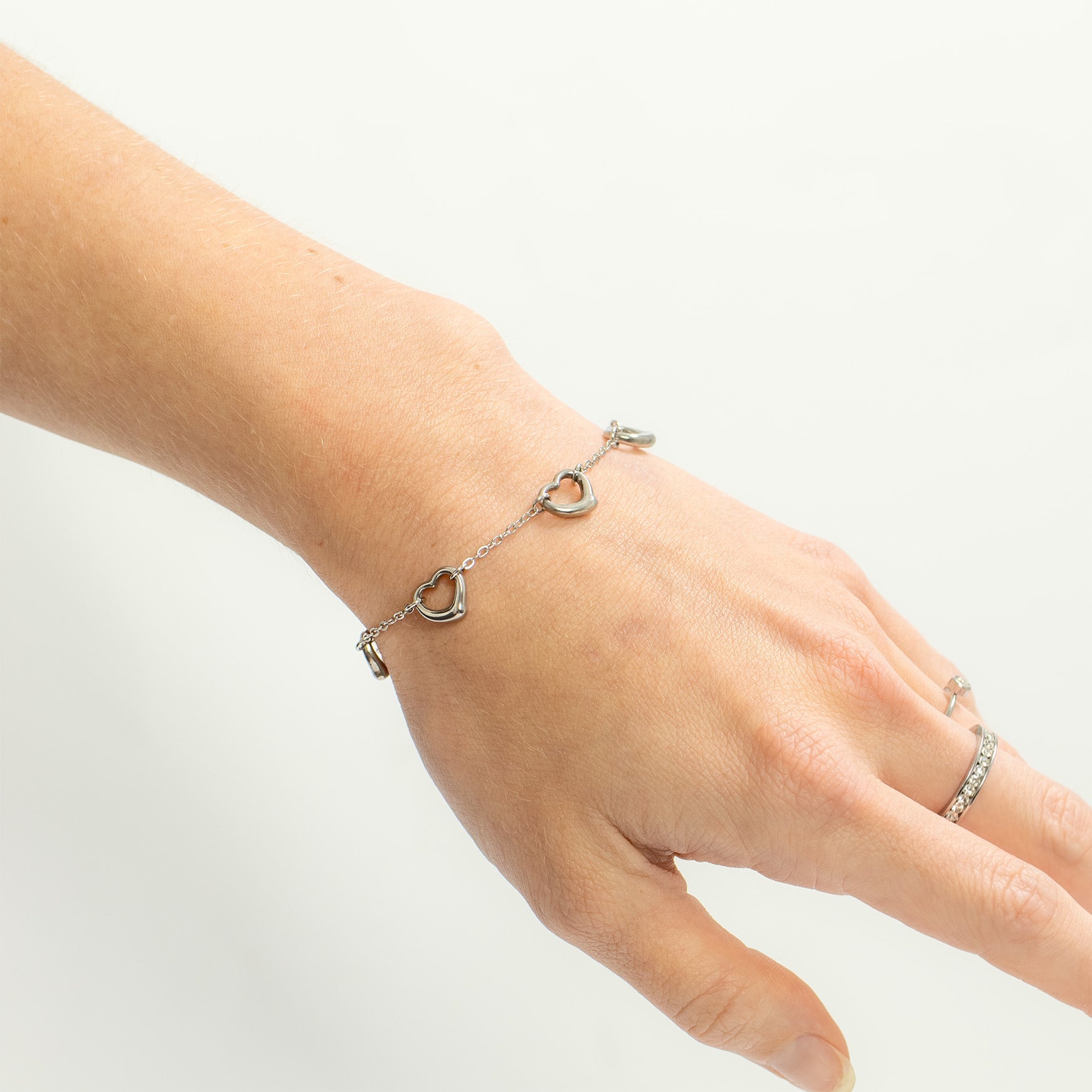 18K Gold PVD Stainless Steel Station Heart Bracelet