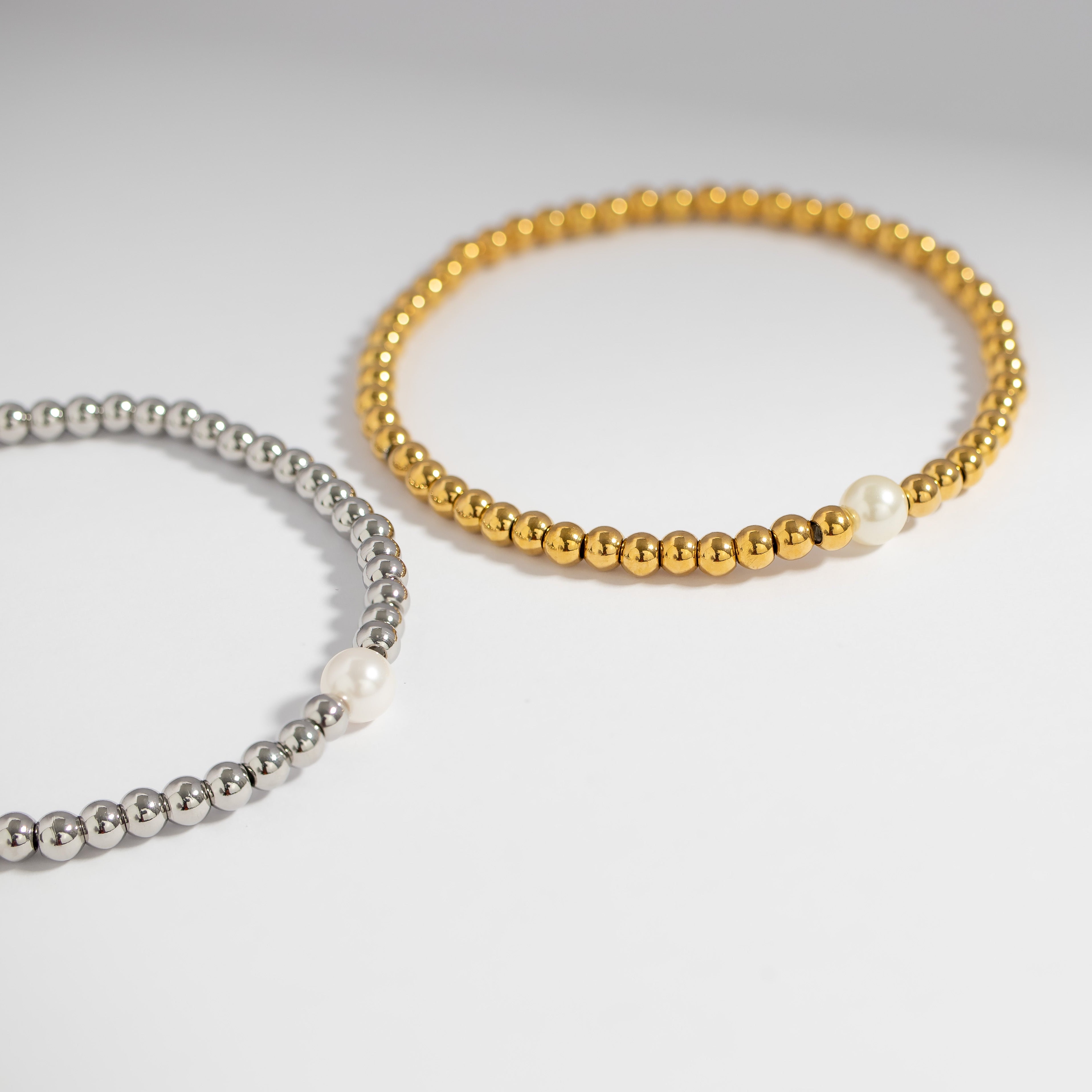 18K Gold PVD Stainless Steel Stretch Bracelet with Pearl