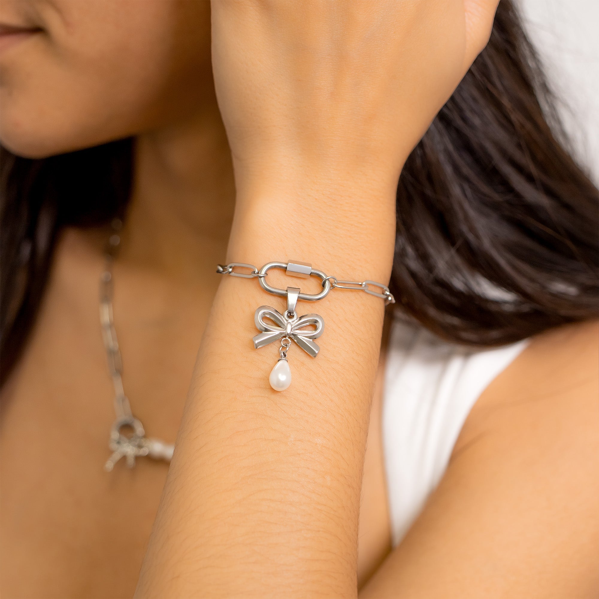 18K Gold PVD Stainless Steel Freshwater Pearl Bow Charm