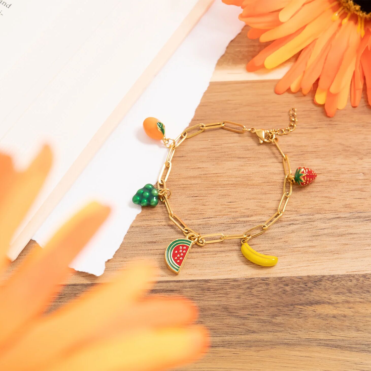 18K Gold PVD Stainless Steel Fruit Charm Bracelet