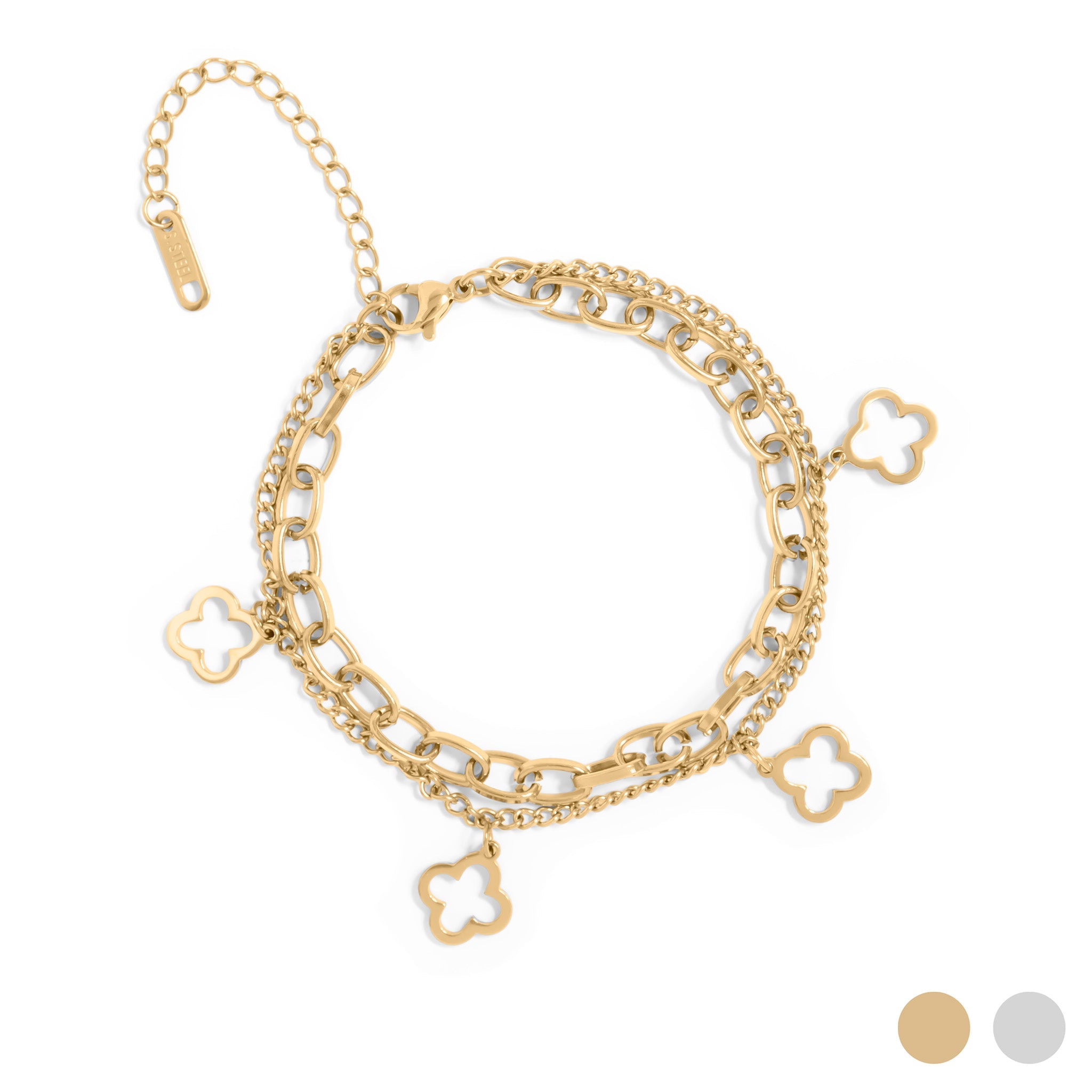 18K Gold PVD Stainless Steel Lucky Clover Charm Bracelet