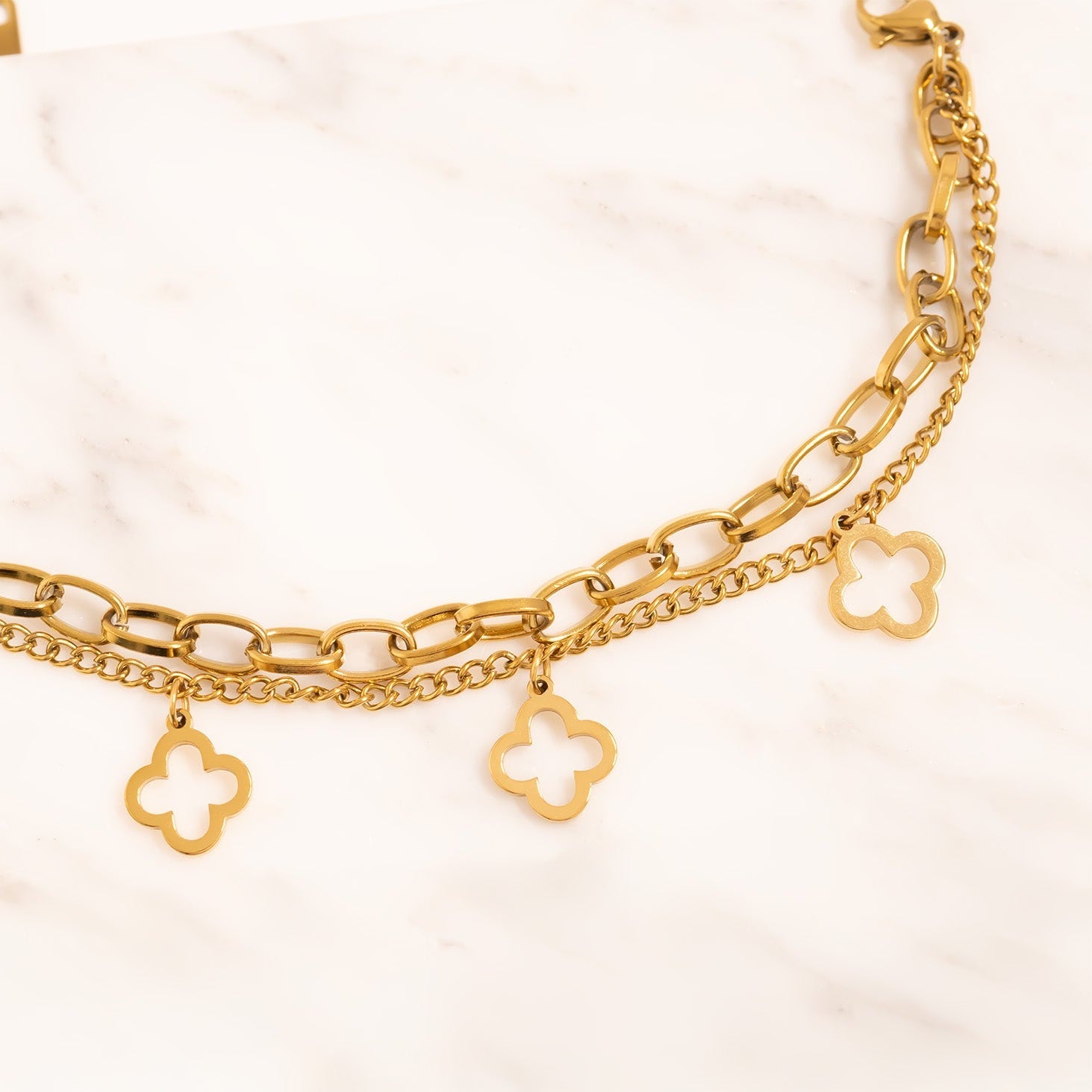 18K Gold PVD Stainless Steel Lucky Clover Charm Bracelet