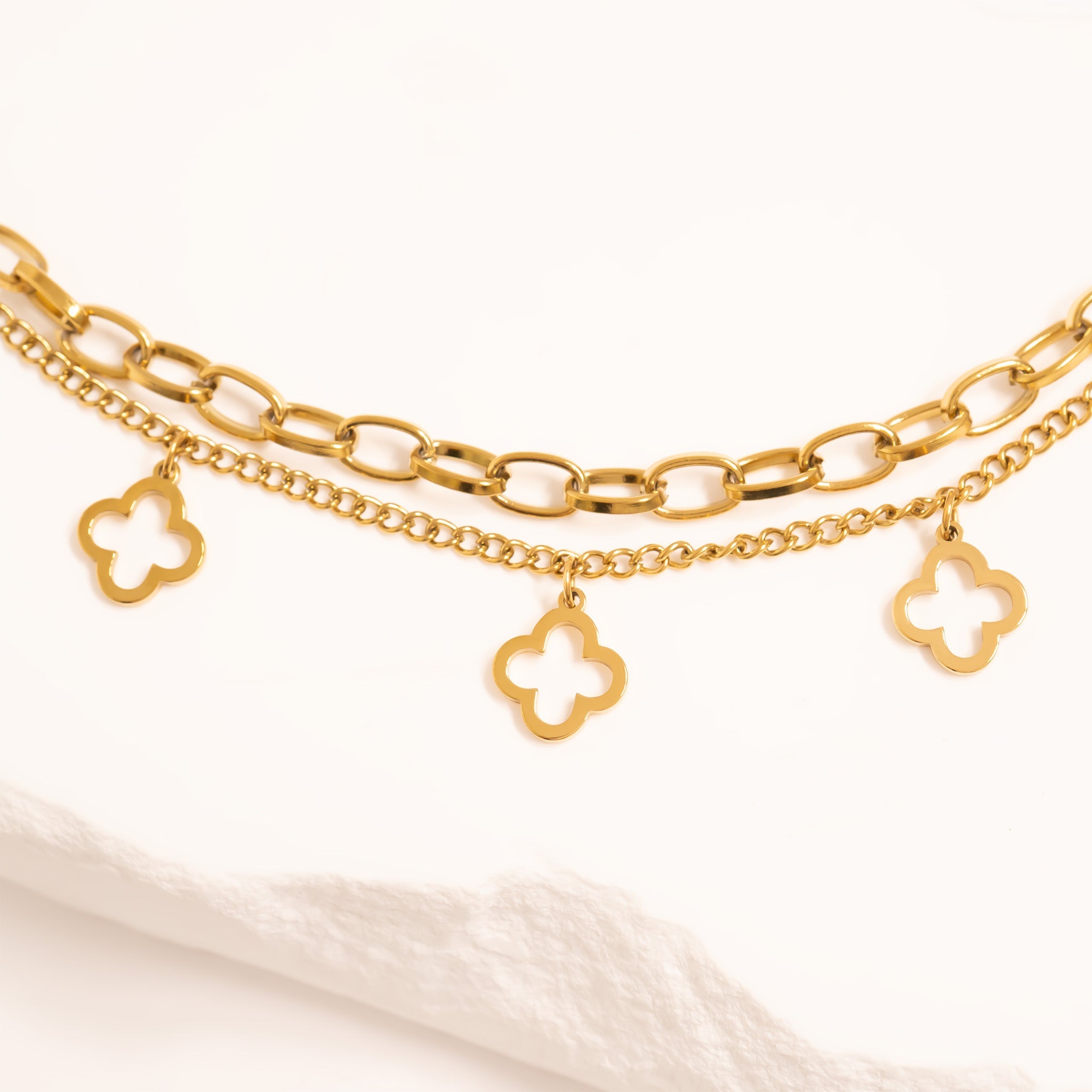 18K Gold PVD Stainless Steel Lucky Clover Charm Bracelet