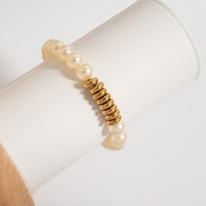 18K Gold PVD 8mm Kiska Glass Pearl Beaded Stretch Bracelet