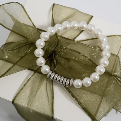 18K Gold PVD 8mm Kiska Glass Pearl Beaded Stretch Bracelet