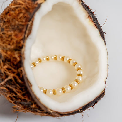 18K Gold PVD 8mm Kiska Glass Pearl Beaded Stretch Bracelet