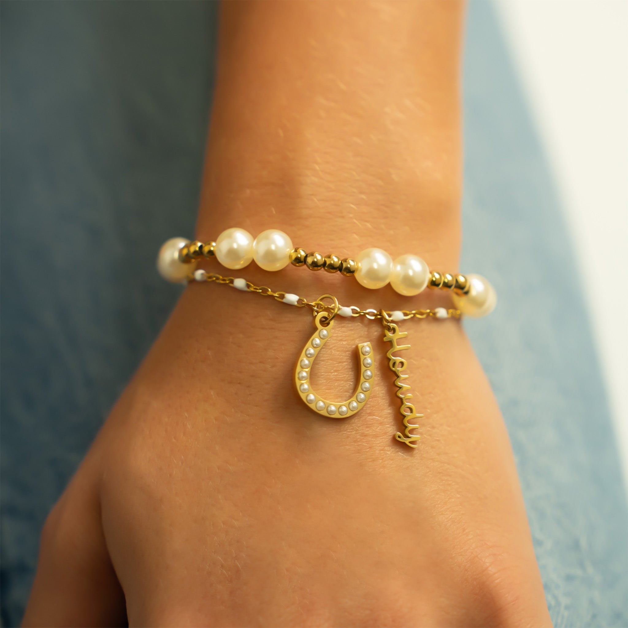 18K Gold PVD 8mm Kiska Glass Pearl Beaded Stretch Bracelet