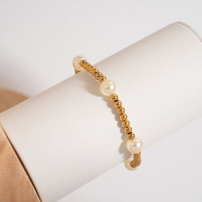 18K Gold PVD 8mm Kiska Glass Pearl Beaded Stretch Bracelet