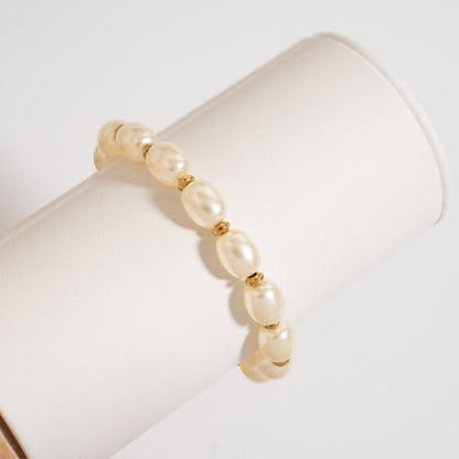 18K Gold PVD 8mm Kiska Glass Pearl Beaded Stretch Bracelet