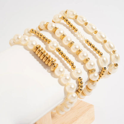 18K Gold PVD 8mm Kiska Glass Pearl Beaded Stretch Bracelet