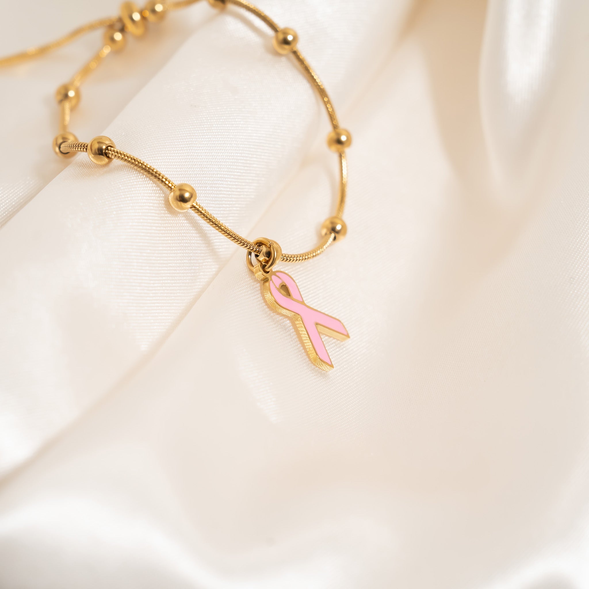 18K Gold PVD Stainless Steel Adjustable Bangle with Cancer Ribbon