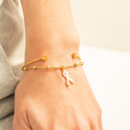 18K Gold PVD Stainless Steel Cancer Ribbon Adjustable Cuff Bracelet