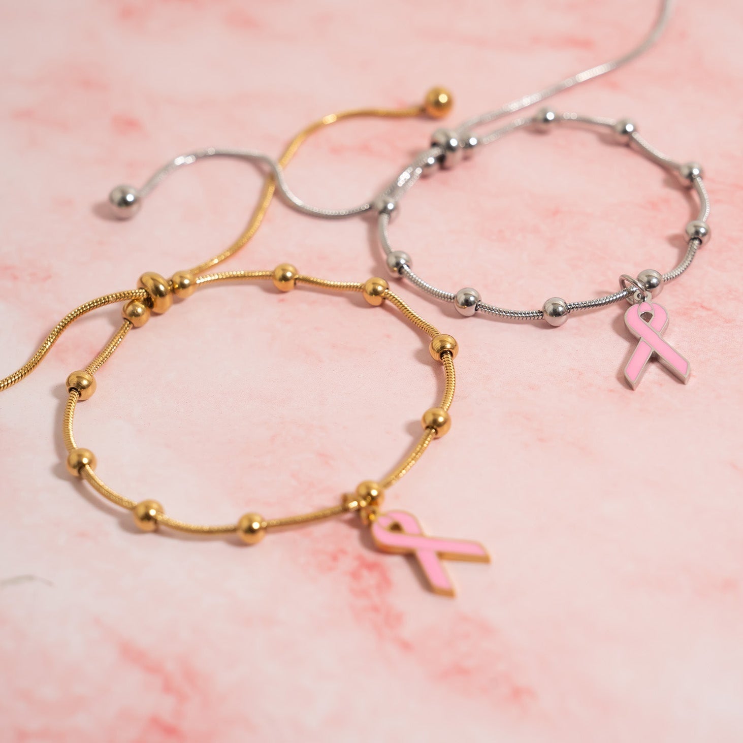 18K Gold PVD Stainless Steel Adjustable Bangle with Cancer Ribbon