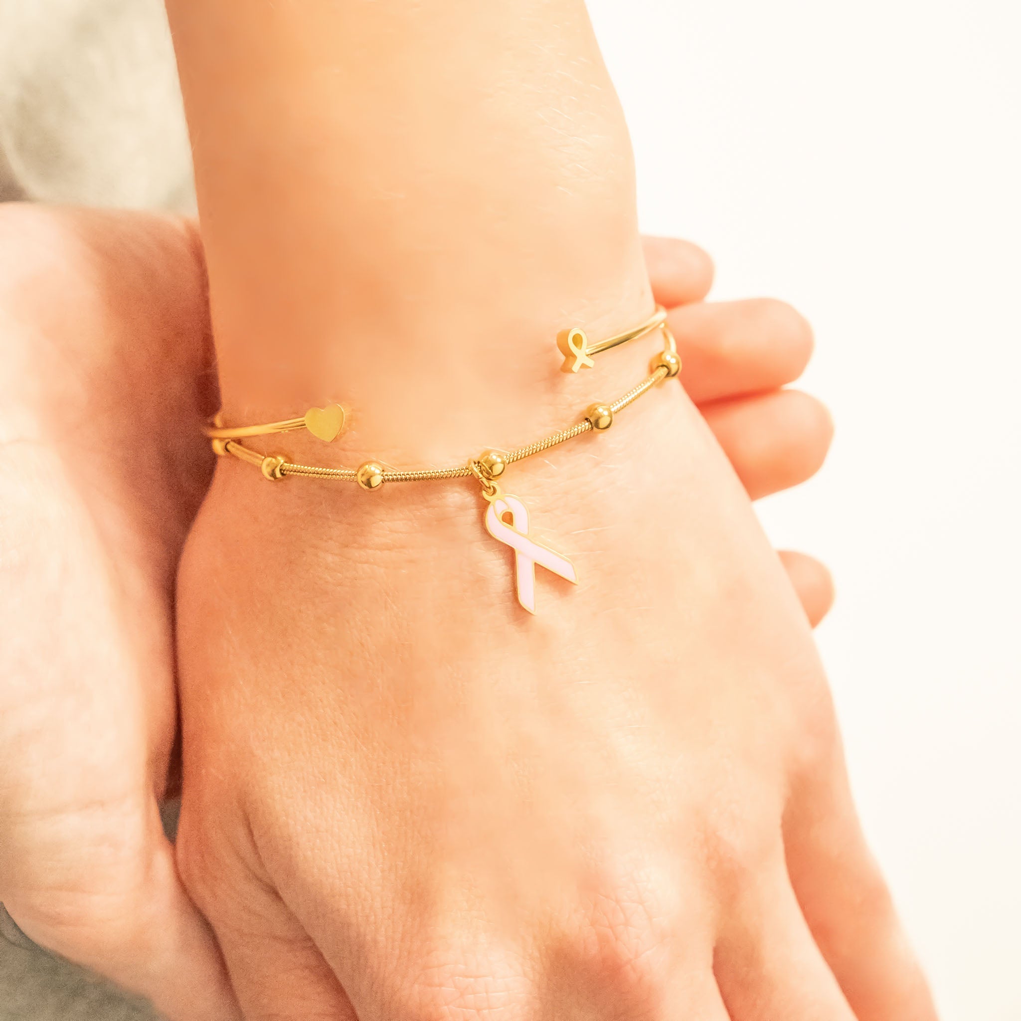 18K Gold PVD Stainless Steel Adjustable Bangle with Cancer Ribbon