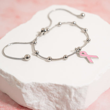 18K Gold PVD Stainless Steel Adjustable Bangle with Cancer Ribbon