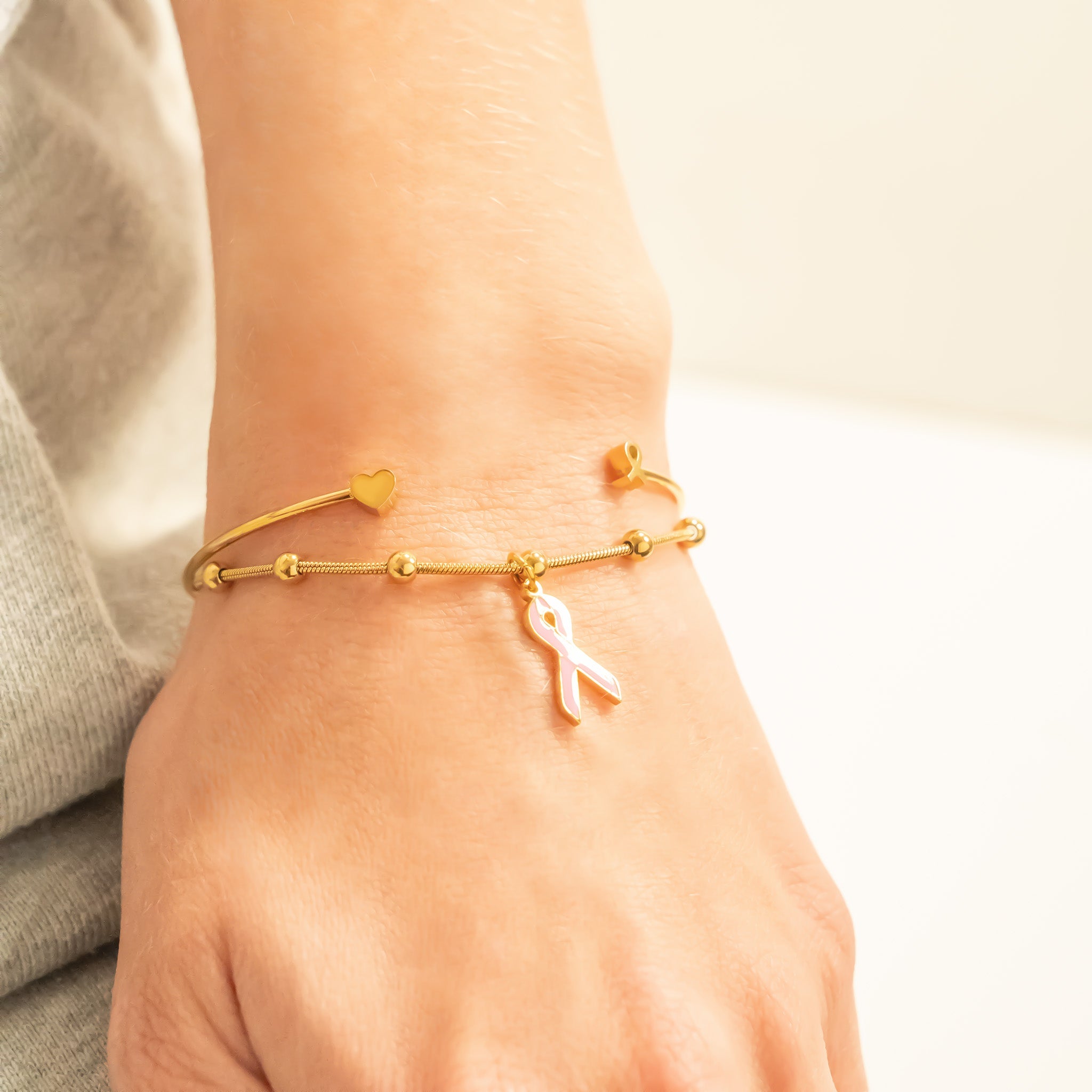 18K Gold PVD Stainless Steel Adjustable Bangle with Cancer Ribbon