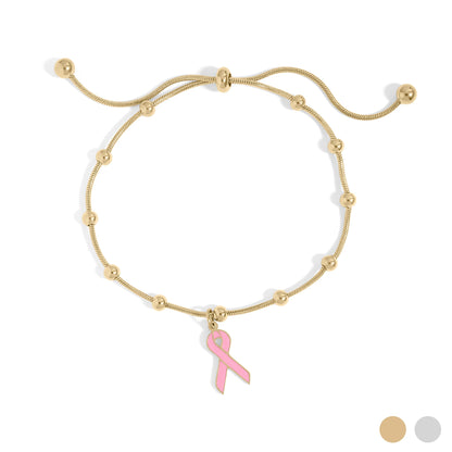 18K Gold PVD Stainless Steel Adjustable Bangle with Cancer Ribbon