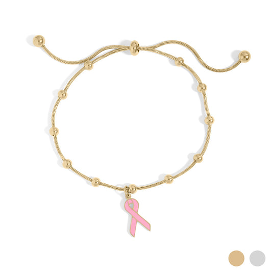 18K Gold PVD Stainless Steel Adjustable Bangle with Cancer Ribbon