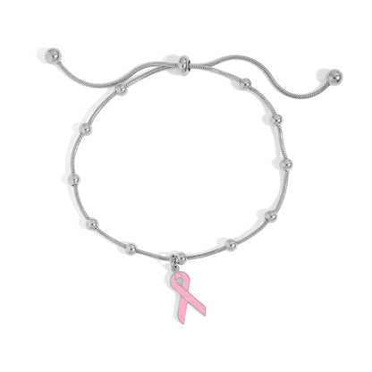 18K Gold PVD Stainless Steel Adjustable Bangle with Cancer Ribbon