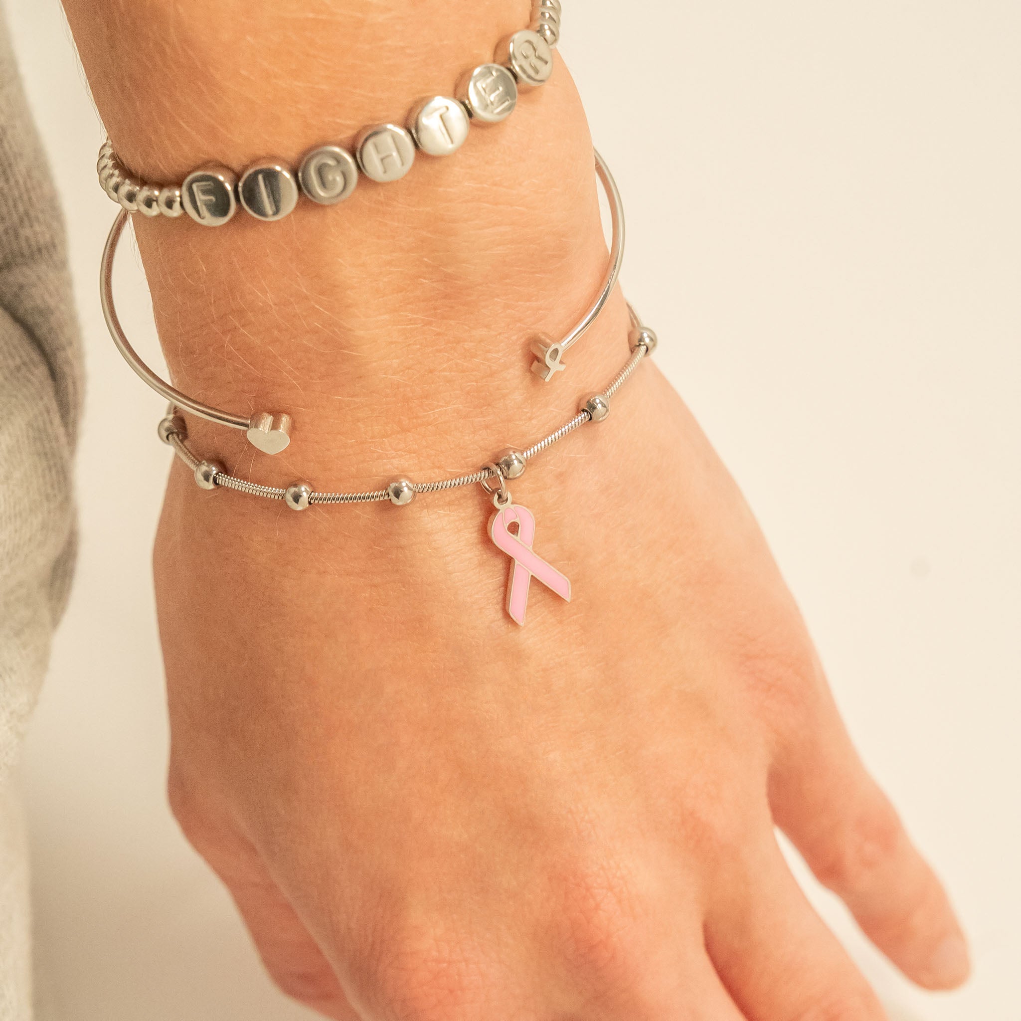 18K Gold PVD Stainless Steel Adjustable Bangle with Cancer Ribbon