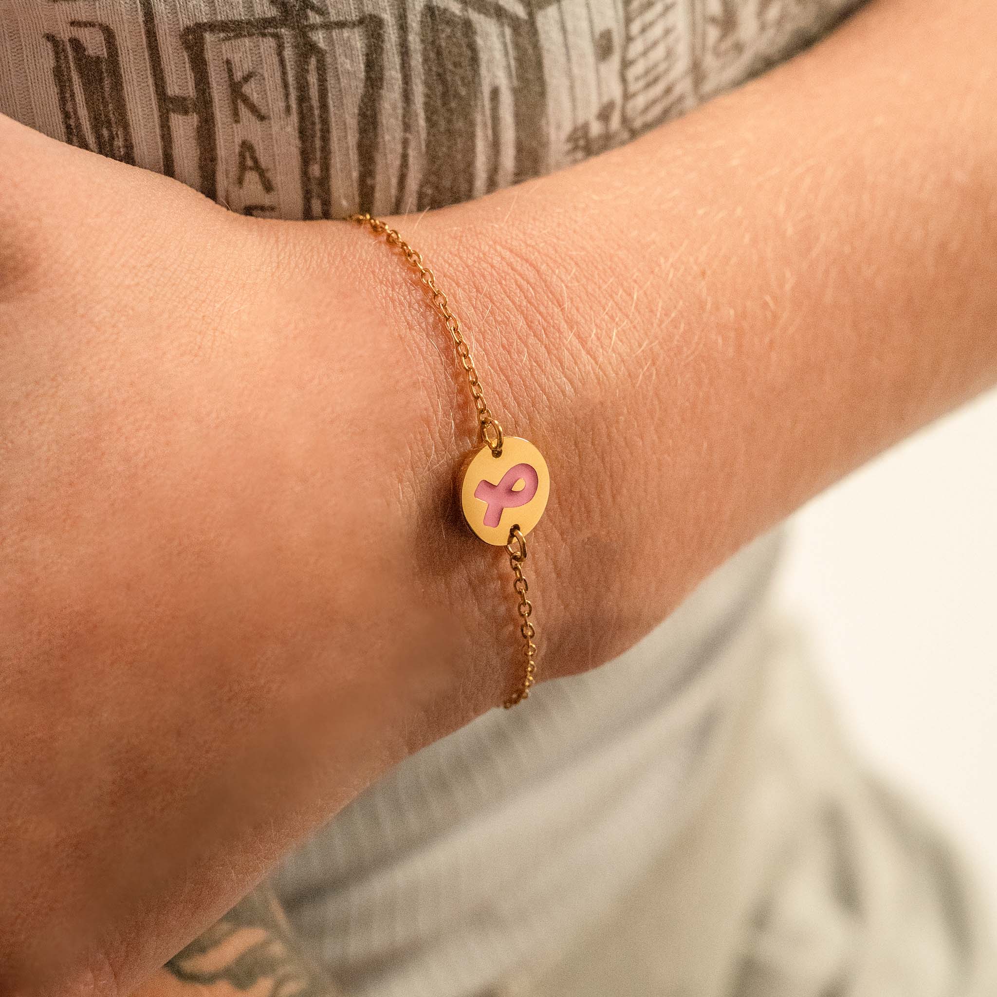 18K Gold PVD Stainless Steel Breast Cancer Charm Bracelet