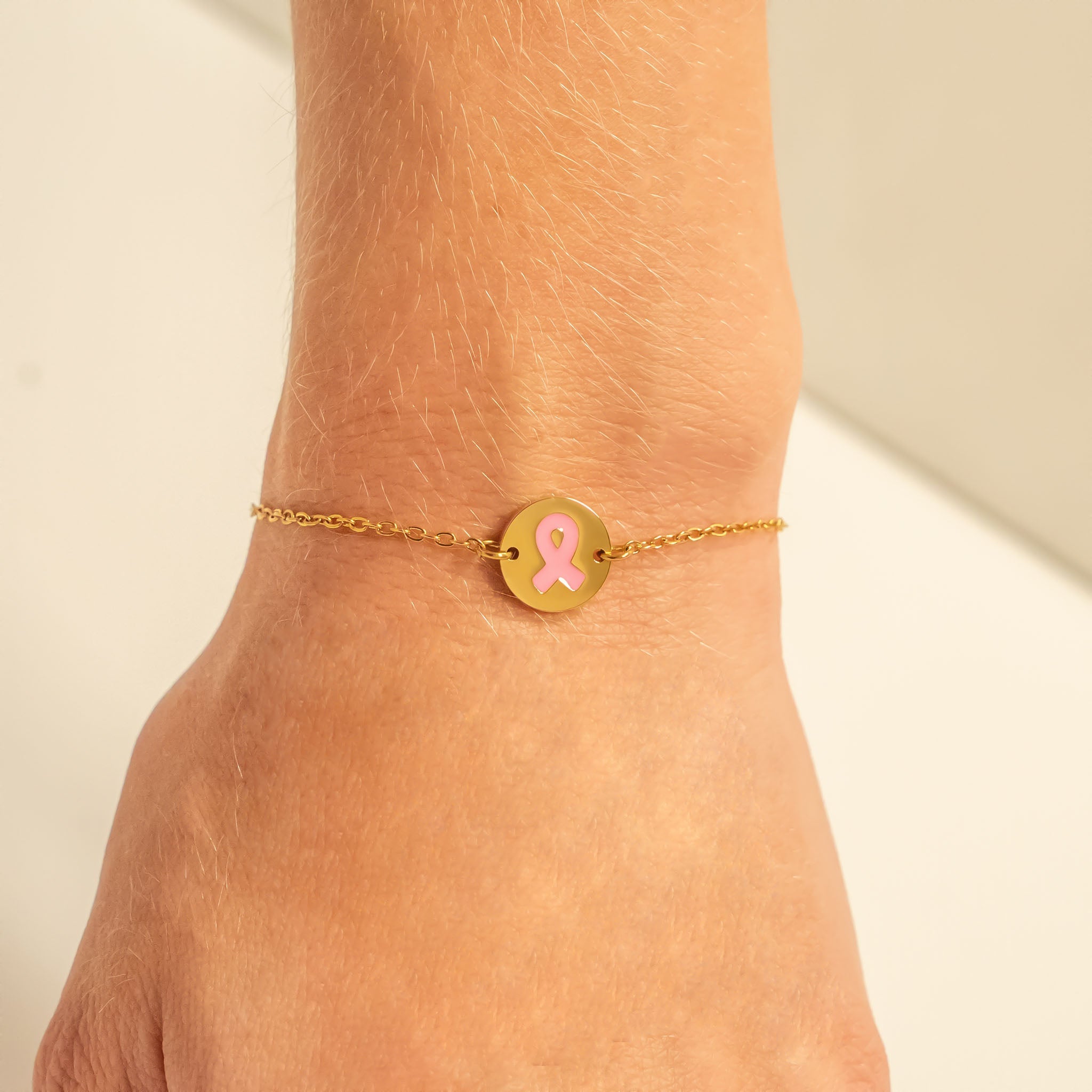18K Gold PVD Stainless Steel Breast Cancer Charm Bracelet