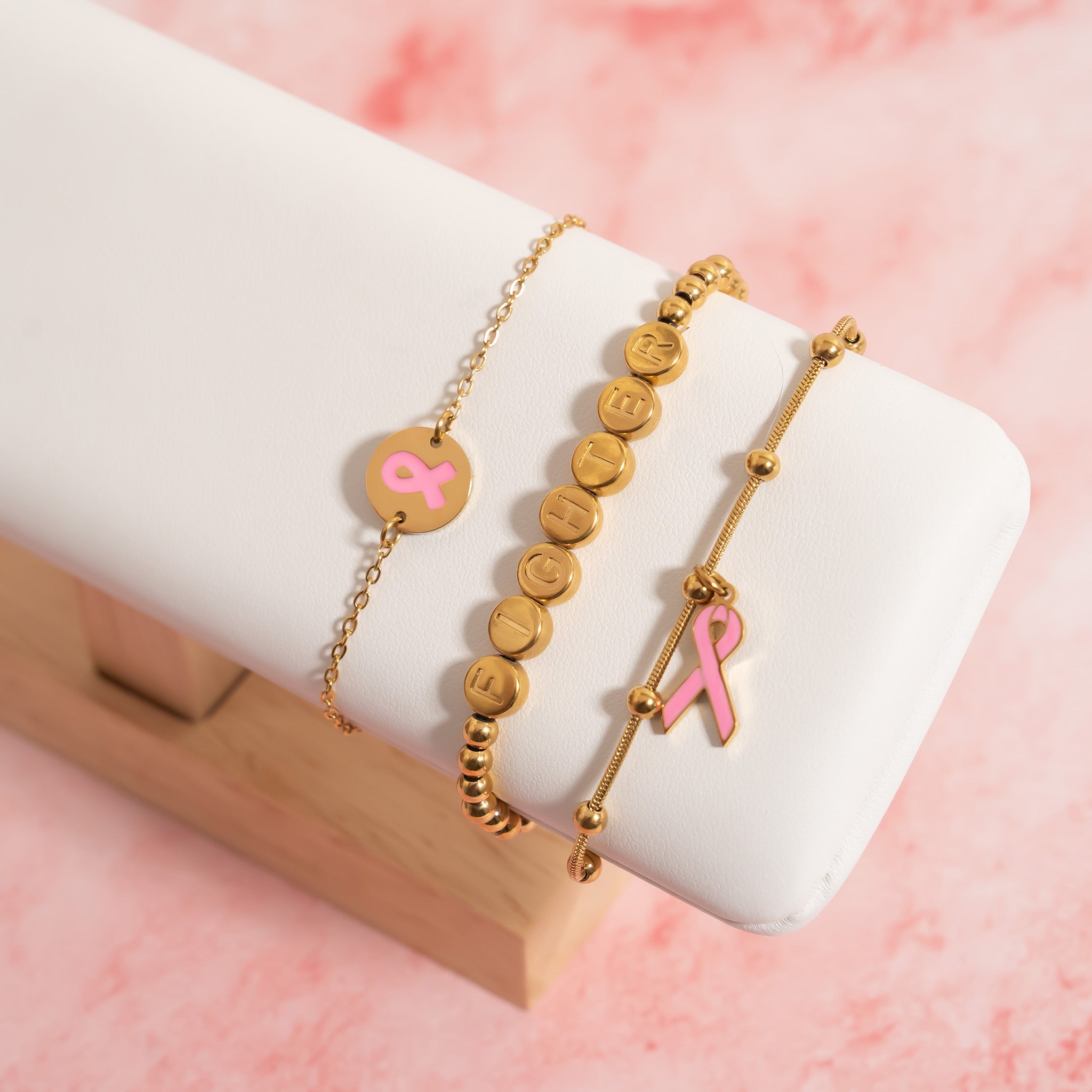 18K Gold PVD Stainless Steel Breast Cancer Charm Bracelet