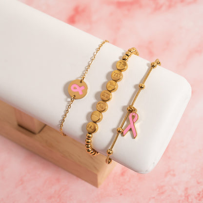 18K Gold PVD Stainless Steel Breast Cancer Charm Bracelet
