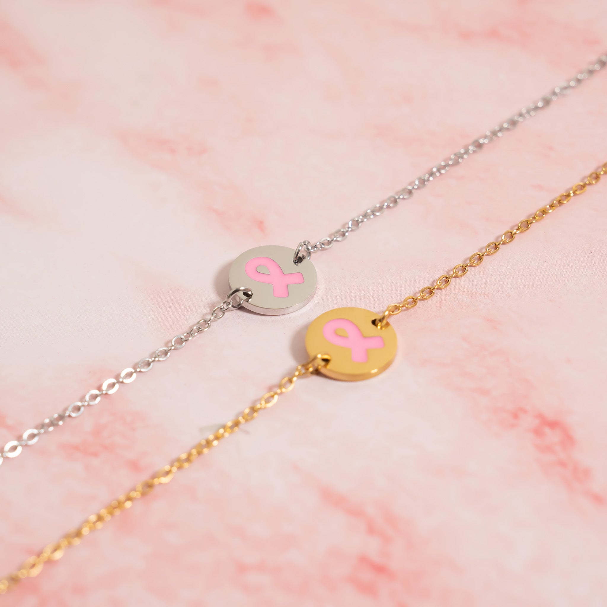 18K Gold PVD Stainless Steel Breast Cancer Charm Bracelet