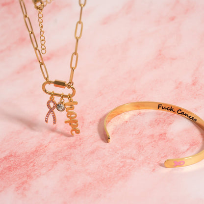 18K Gold PVD Stainless Steel Cancer Awareness Carabiner Necklace