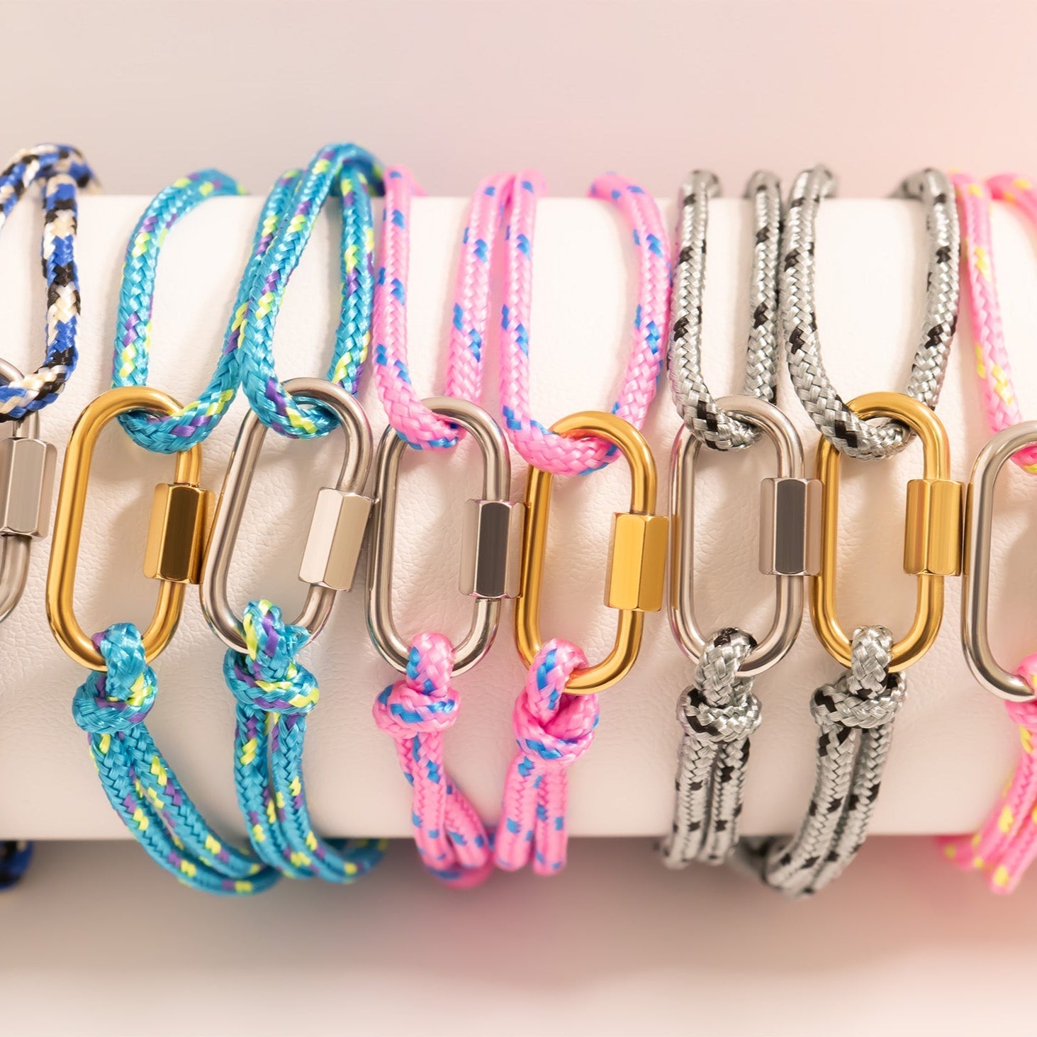 18K Gold PVD Stainless Steel Pink Rope Carabiner Bracelet