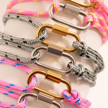 18K Gold PVD Stainless Steel Grey Rope Carabiner Bracelet