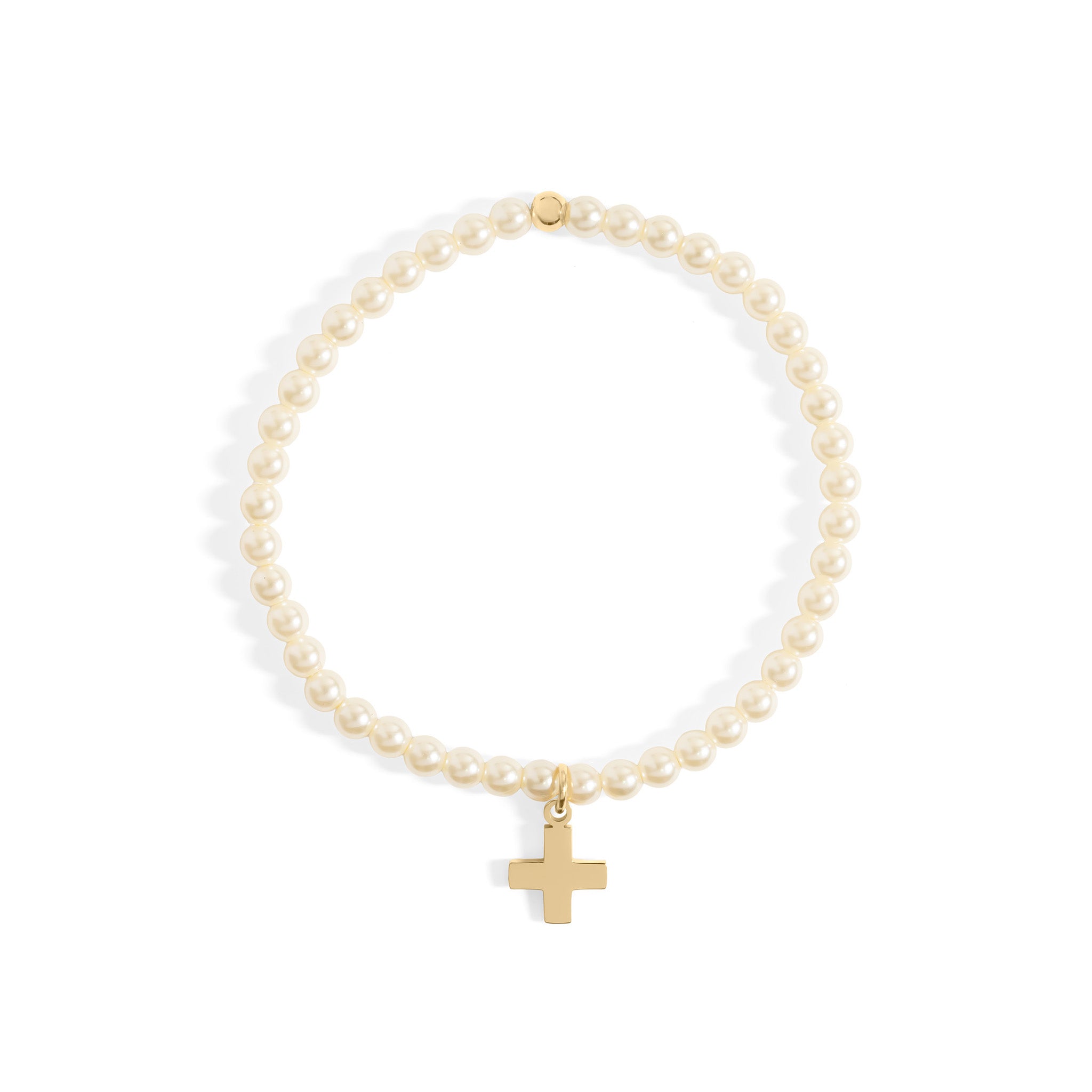 18K Gold PVD Stainless Steel Pearl Beaded Bracelet with Cross