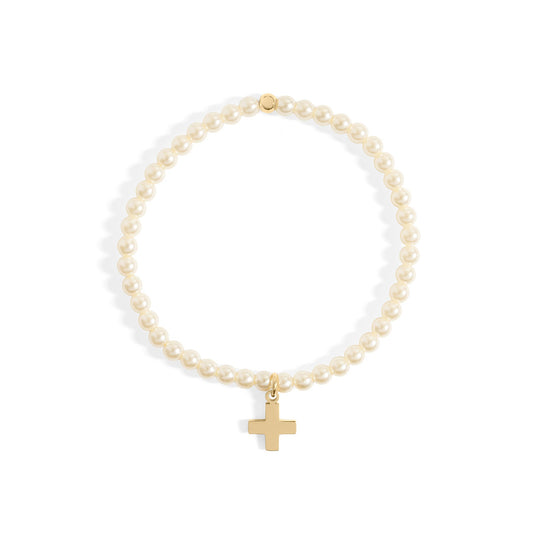 18K Gold PVD Stainless Steel Pearl Beaded Bracelet with Cross