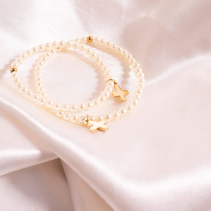 18K Gold PVD Stainless Steel Pearl Beaded Bracelet with Cross