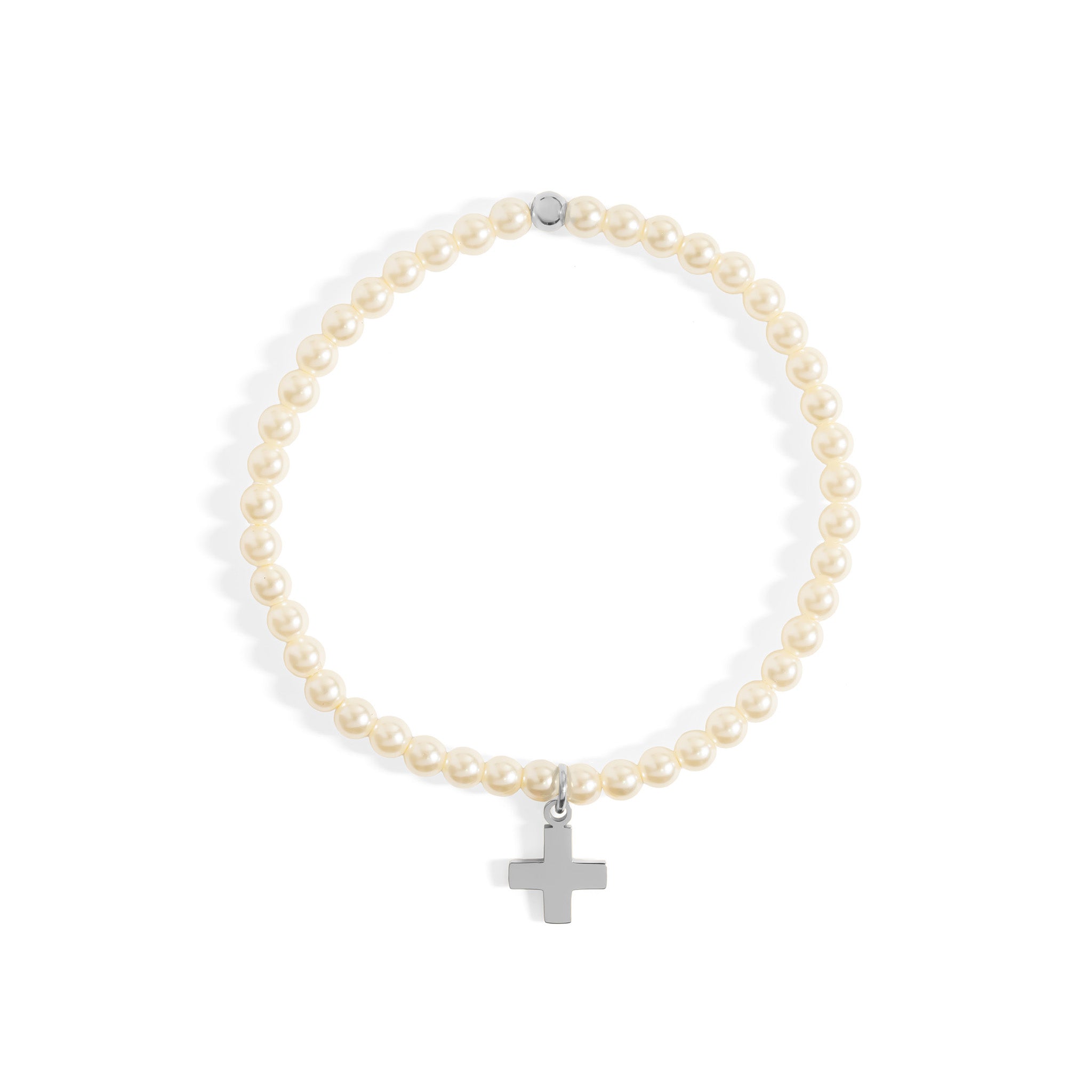 18K Gold PVD Stainless Steel Pearl Beaded Bracelet with Cross