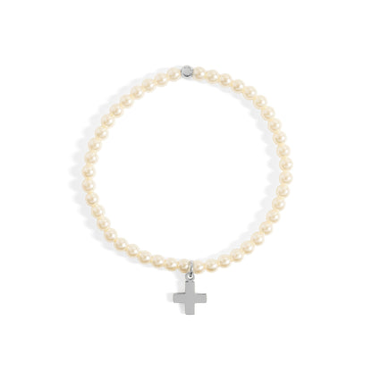 18K Gold PVD Stainless Steel Pearl Beaded Bracelet with Cross