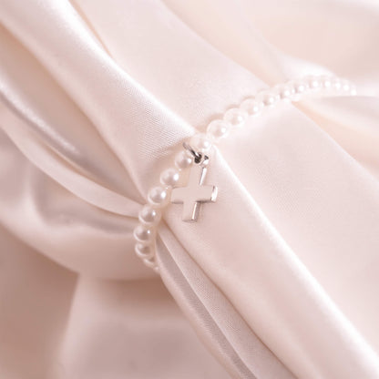 18K Gold PVD Stainless Steel Pearl Beaded Bracelet with Cross