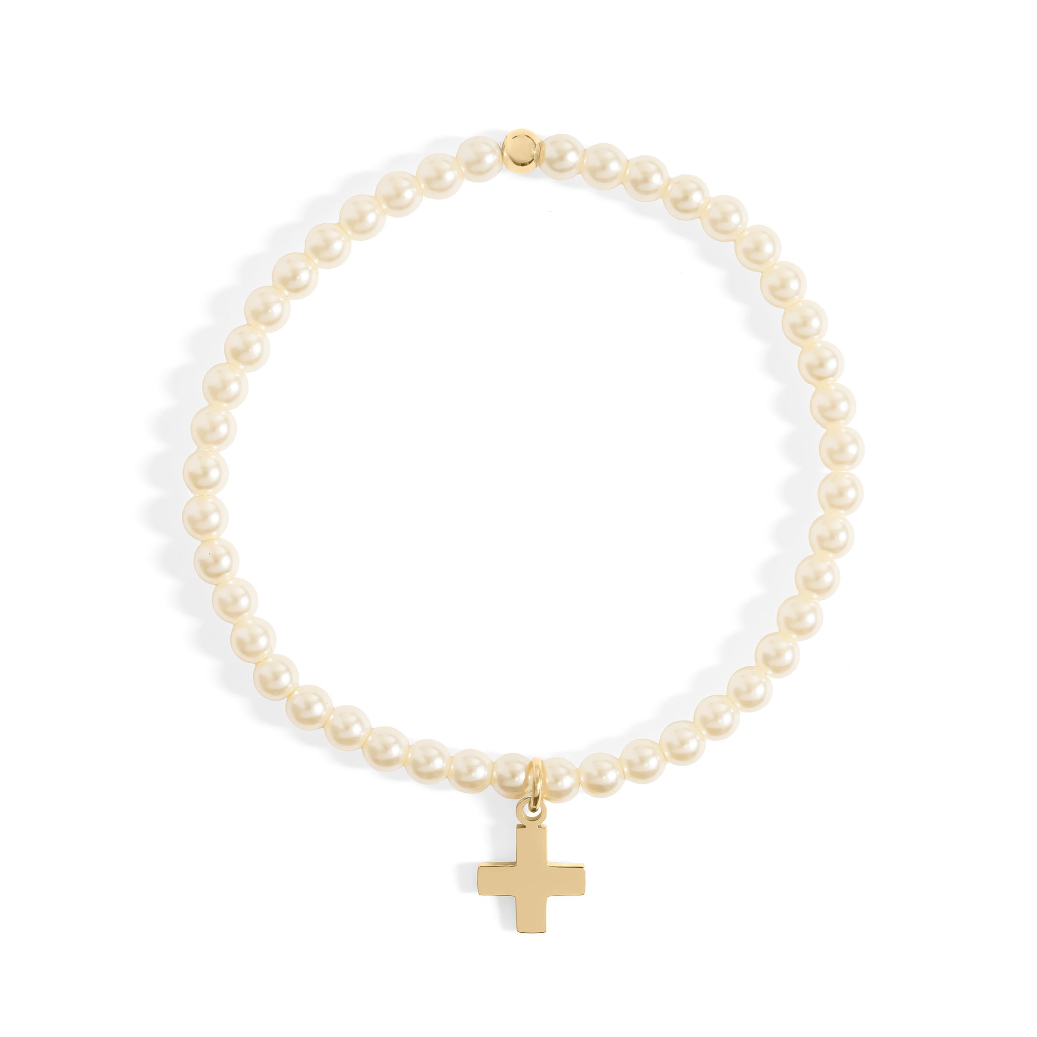 18K Gold PVD Stainless Steel Pearl Beaded Bracelet with Cross