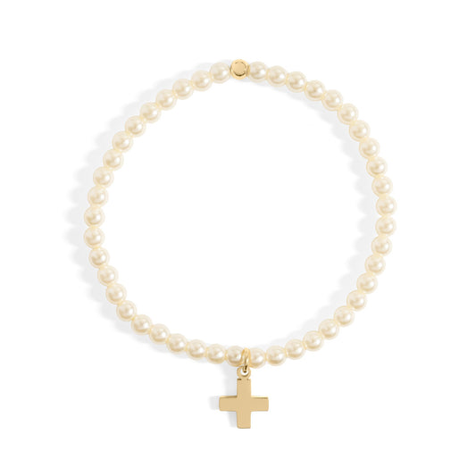 18K Gold PVD Stainless Steel Pearl Beaded Bracelet with Cross
