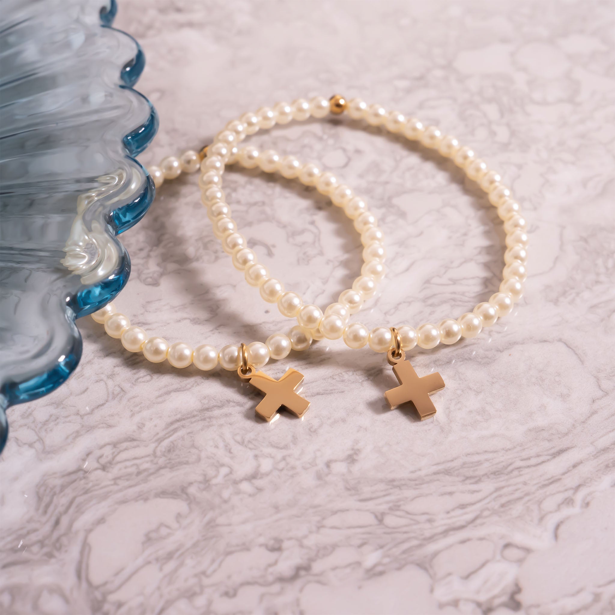 18K Gold PVD Stainless Steel Pearl Beaded Bracelet with Cross