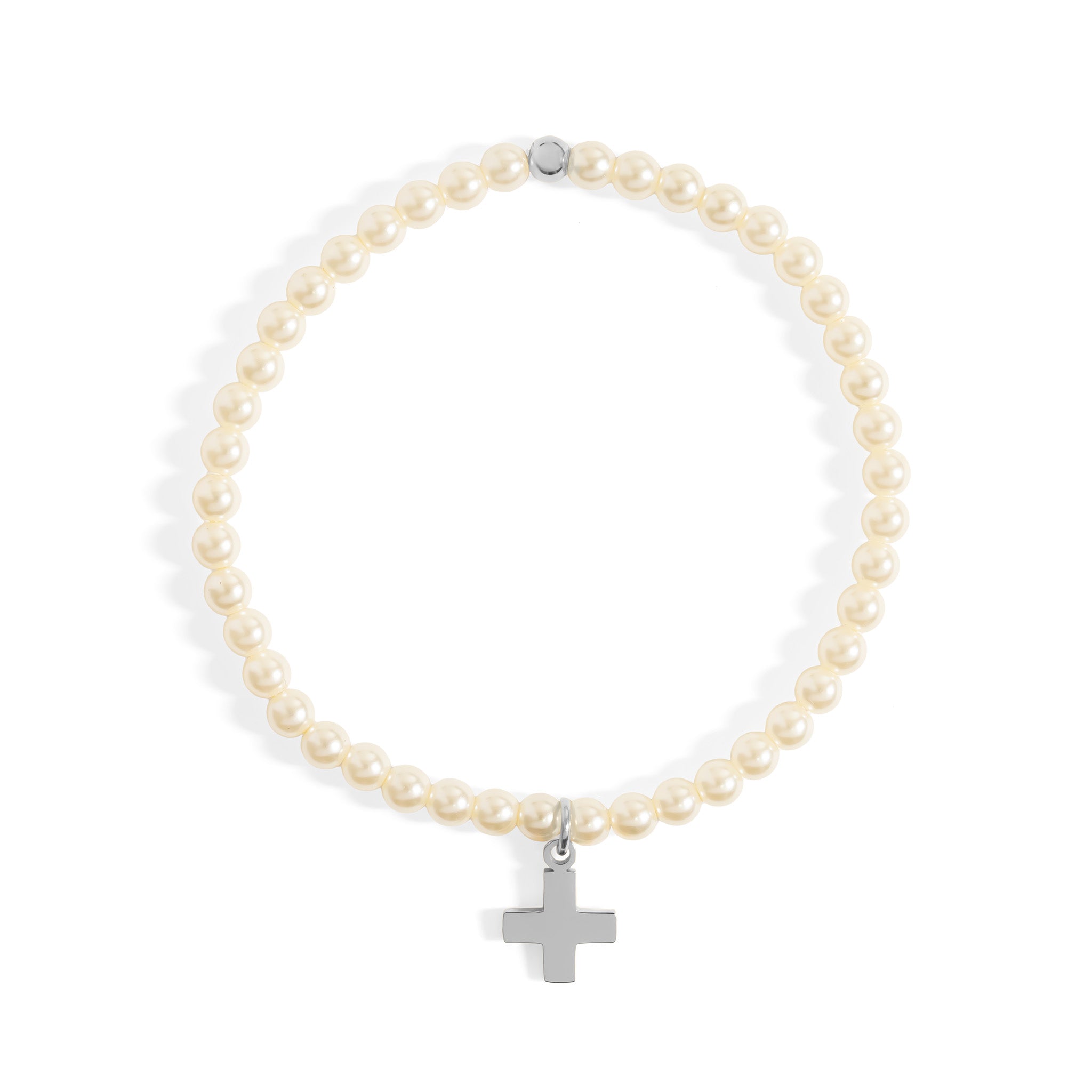 18K Gold PVD Stainless Steel Pearl Beaded Bracelet with Cross