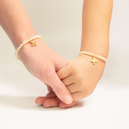 18K Gold PVD Stainless Steel Pearl Beaded Bracelet with Cross
